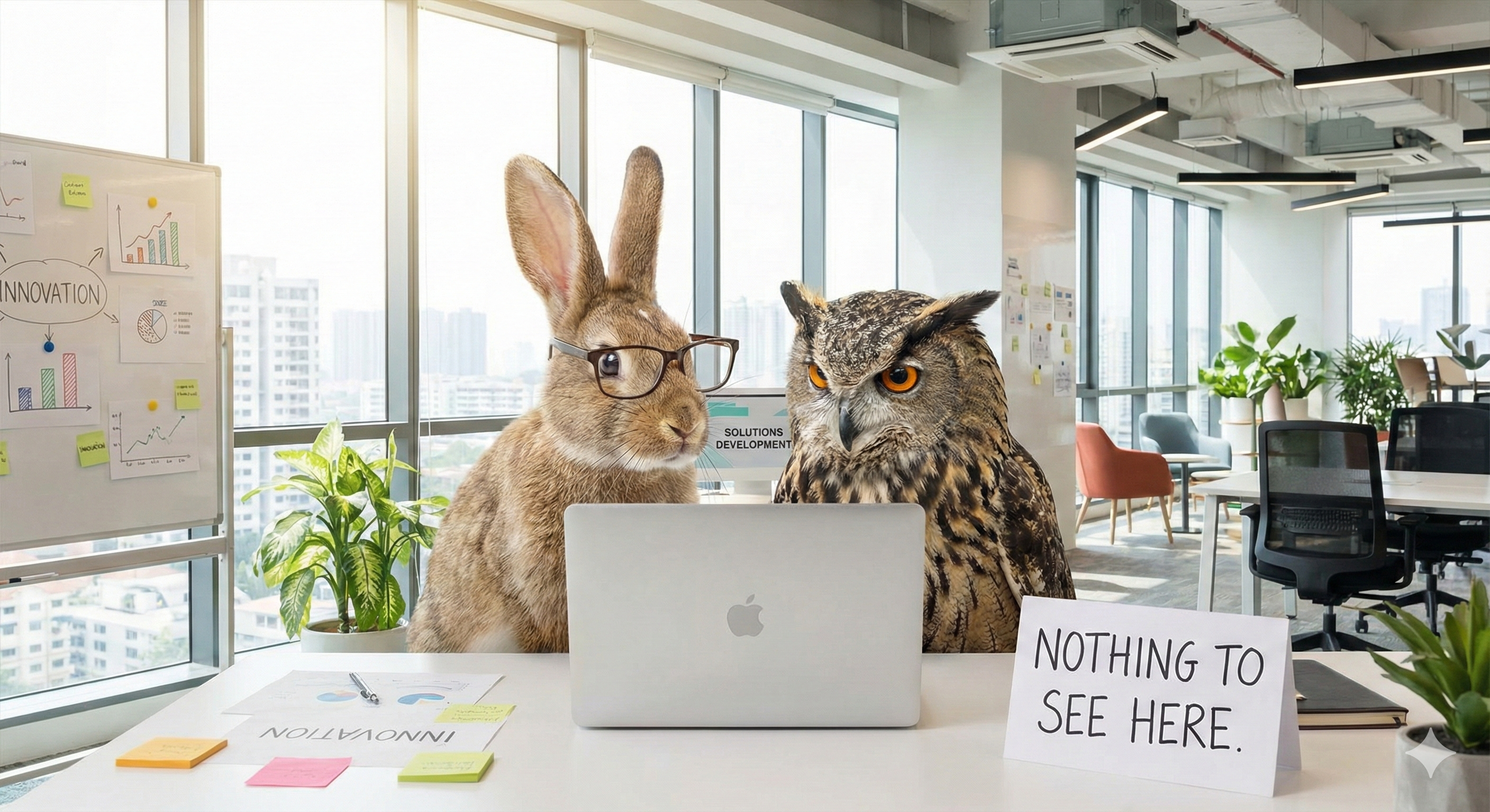 Owl and Rabbit sitting in front of Macbook with a Nothing to see here sign next to them.